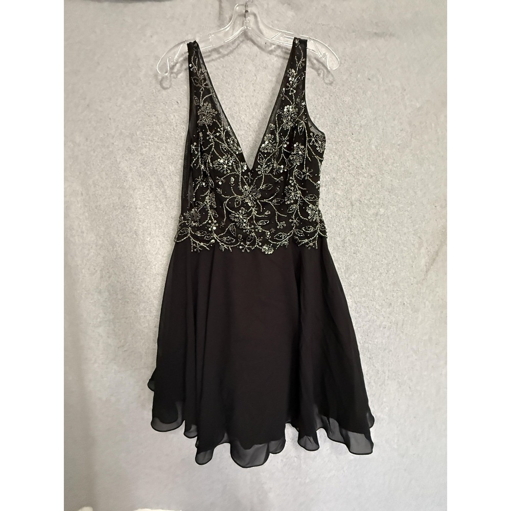 Sequin Fit & Flare Dress Womens S Black Deep‎ V Beaded sequin Chiffon  Party Y2K